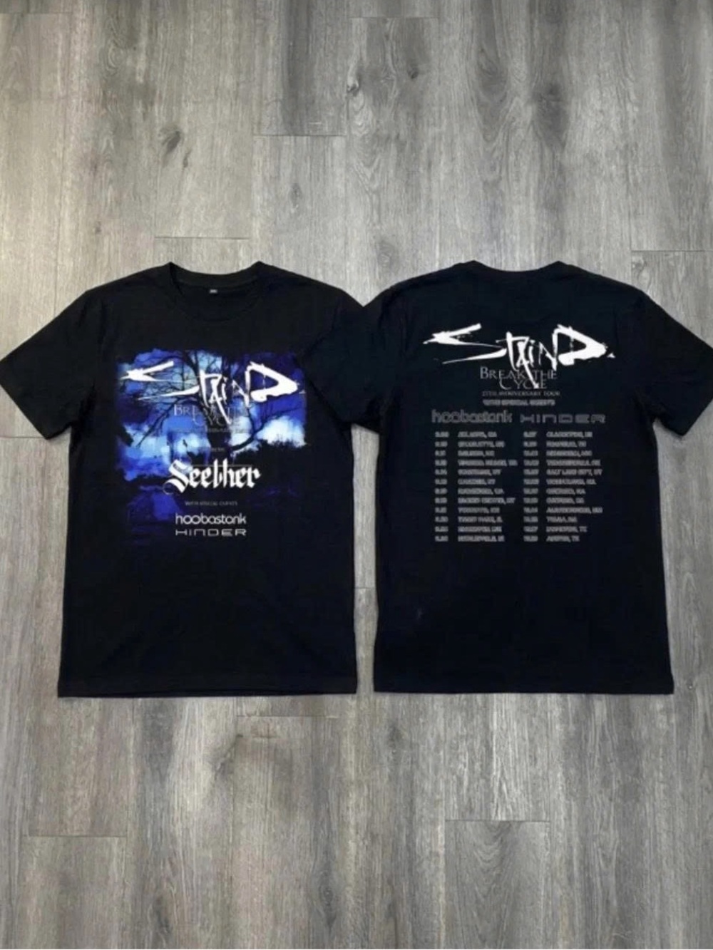 Black Short Sleeve Band Tee with Blue & White Print